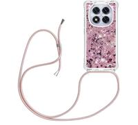 HomiTunky Custodia per cellulare per Xiaomi Redmi Note 14 Pro Plus + 5G con nastro, in silicone trasparente, con glitter liquido con catena, bumper in sabbia mobile in TPU, rosa