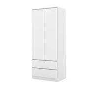 Homlando Armadio 80 cm con 2 cassetti, 2 ante, armadio guardaroba per camera da letto e corridoio, armadio lavanderia con asta appendiabiti e ripiani, robusto pannello laminato, serie Maja (bianco