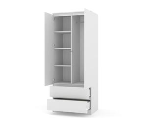 Homlando Armadio 80 cm con 2 cassetti, 2 ante, armadio guardaroba per camera da letto e corridoio, armadio lavanderia con asta appendiabiti e ripiani, robusto pannello laminato, serie Maja (bianco