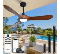 Homlit Ventilatore da soffitto per esterni da 132 cm con luce e telecomando tramite WiFi Alexa, 3 pale in legno massello di noce, motore CC reversibile silenzioso, ventilatore da soffitto
