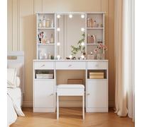 Hommdiy Ampio tavolo da toilette, tavolo da trucco con illuminazione LED regolabile, con specchio e sgabello da toilette, 3 cassetti e 2 ante, bianco camera da letto,