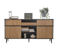 Hommdiy Comoda con 4 porte scorrevoli e 1 cassetta, legno di querce combinato con nero, Dimensioni: 160 L x 40 T x 80 H