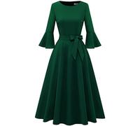 HomRain, Abito elegante da donna con maniche a 3/4, formale, di classe, per l'autunno e l'inverno, per cocktail, Natale, chiesa, lavoro, Verde scuro, S