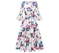 HomRain, Abito elegante da donna con maniche a 3/4, formale, di classe, per l'autunno e l'inverno, per cocktail, Natale, chiesa, lavoro, Fiore bianco., M