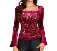 HomRain Camicie da donna a maniche lunghe glitterate con paillettes scintillanti per una serata elegante, Rosso scuro, L
