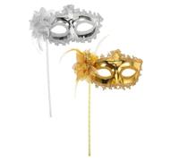 HOMSFOU 2 Pezzi Maschera Veneziana Elegante Resistente alla Deformazione con Bastone in Oro e Argento e Design Portatile, per Balli in Maschera e Matrimoni