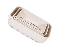 HOMSFOU Colini per Frutta e Verdura Rettangolari Set da 3 in Plastica Beige Foro Drenante Circolare, per Lavaggio Efficiente e Conservazione in Cucina Domestica