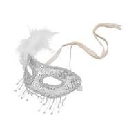 HOMSFOU Maschera di Carnevale da Donna con Piume Bianche e Strass, Mezza Faccia in Plastica Elegante e Confortevole per Feste a Tema e Carnevali