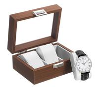 HOMSFOU Porta Orologi 3 Scomparti in Legno di Noce con Coperchio Trasparente, Organizer e Portagioie da Tavolo con Interno in Velluto, Vetrina Espositiva per Orologi da Uomo e Regalo
