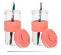 HOMSFOU Set 2 Bicchieri di Vetro Riutilizzabili con Coperchio e Cannuccia, Design Portatile e Antiscivolo, per Viaggi e Uso All'aperto con Custodia in Silicone