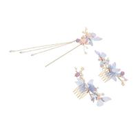 HOMSFOU Set 3 Pezzi Accessori per Chioma Hanfu Forcine Cinesi a Perla Fiore, Pettine Liscio e Forcine Nappe Lunghe, Copricapo Tradizionale Fatto a Mano per Feste, Matrimoni e Servizi