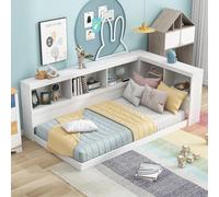 HomSof Divano letto matrimoniale in legno con armadietti e porte USB, librerie a forma di L, bianco