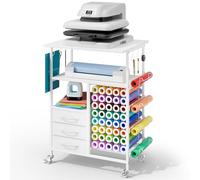 Homsorout Tavolo mobile per pressa di calore, 6 ripiani, con cassetti e porta rotolo in vinile, compatibile con macchine da taglio Cricut Craft Workstation (bianco)