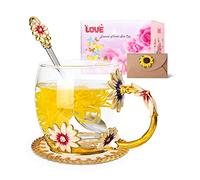 Homtibrm Tazza smaltata a forma di margherita, tazza da caffè in vetro con cucchiaio e set di biglietti regalo, regalo personalizzato per la mamma, insegnante, amici, compleanno, laurea, (oro)