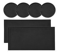 Homtone 6 Tappetini da Bar e Pub, 30x15 cm in Gomma Antiscivolo, Tappetini per Asciugare il Vetro, per Appoggiare Caffè, Whisky, Cocktail, per Cucina, Ristorante, Nero, con 4 Sottobicchiere Rotondo