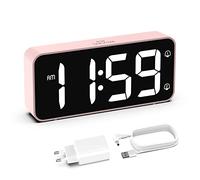 HOMVILLA Sveglia da Comodino, Sveglia Digitale con Led Numeri Grandi, 0-100% Dimmer, 90-120 dB Volume, 2 Allarme, 12/24H, Snooze, Porta di Ricarica USB (Adapter Incluse), Rosa