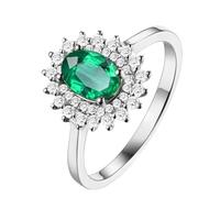 Homxi Anelli Fedi Nuziali Donna d'Oro Bianco 14 K, Fiore e Ovale con 0,45 ct Smeraldo Sintetico e Moissanite, Anello Donna di Fidanzamento Verde Argento, Misura 16(56mm)