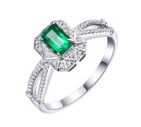 Homxi Anelli Fedina Donna d'Platino 950, 4 Griffe Rettangolo con Smeraldo da 0,42ct e Diamante, Verde Argento Anelli Fedina Donna, Taglia 7(47mm)