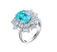 Homxi Anelli Fidanzamento Donna in Oro Bianco 9 Kt, Fiore e Ovale con Tormalina Paraiba Creata da 6,35ct e Moissanite, Donna Anelli Fedi Nuziali in Argento Blu Lago, Misura 16(56mm)
