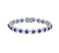 Homxi Bracciale Oro Bianco 14Kt 585 per Donna, Fiore e Rotondo con Zaffiro Creato da 7,7 ct e Diamante, Lunghezza 19 CM, Braccialetto Catena Blu Argento Donna