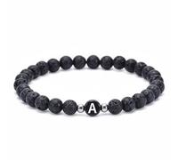 Homxi Bracciale Pietra Donna Uomo,Bead Bracelet Perline 6MM con Lettera A Roccia Lavica Bracciale Uomo Perline Nero