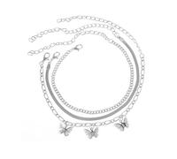 Homxi Braccialetto Caviglia Argento Donna Spiaggia, Braccialetto per Caviglia Lega Donna Set da 3 Pezzi Catena Multistrato con Farfalla - 21.5cm + 10cm Catena di Prolunga