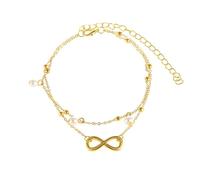 Homxi Braccialetto Caviglia Donna in Oro, Braccialetto da Caviglia Donna in Lega Doppio Strato e Infinito con Perle - 22.5cm + 10cm Catena di Prolunga