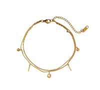 Homxi Braccialetto Caviglia Donna Spiaggia Oro, Cavigliera Donna Estiva Acciaio Inossidabile Catena a Doppio Strato con Zirconia Cubica - 20cm + 5cm Catena di Prolunga