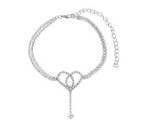 Homxi Braccialetto da Caviglia Donna Argento, Braccialetto Caviglia Donna Estive Lega Doppio Strato con Zirconia Cubica Cubici a Cuore Cavo - 22.7cm + 10cm Catena di Prolunga