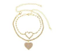 Homxi Braccialetto Donna Caviglia Oro, Braccialetto Caviglia Donna in Rame Cuore Cavo a Doppio Strato con Zirconia Cubica - 20.5cm + 10cm Catena di Prolunga
