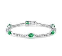 Homxi Bracciali Tennis in Oro Bianco 14 Kt per Donna, Ovale con Smeraldo e Diamante, Lunghezza 16 CM, Braccialetti Catena Donna Verde Argento