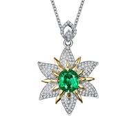 Homxi Collana Pendente Oro Bianco 9 Carati Donna, Fiore e Rotondo con Smeraldo da 1ct e Diamante, Donna Collana Pendente Verde Argento
