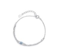 Homxi Donna Bracciale Oro Bianco 9 K, Catene Doppio Strato con Rotondo e Acquamarina da 0,3 ct e Diamante, Regolabile 19 CM + 3 CM, Bracciali da Donna Blu Argento