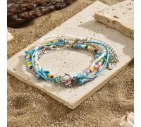 Homxi Donna Braccialetto da Caviglia Blu Bianco Argento, Braccialetto Caviglia Lega Donna Estiva Catena Multistrato con Stella Marina e Tartaruga - 21.5cm + 6.5cm Catena di Prolunga