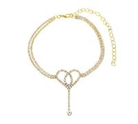 Homxi Donna Braccialetto da Caviglia in Oro, Cavigliera in Lega per Donna Doppio Strato con Zirconia Cubica Cubici a Cuore Cavo - 22.7cm + 10cm Catena di Prolunga