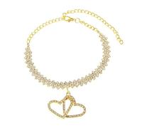 Homxi Donna Cavigliera Braccialetto Oro, Donna Braccialetto da Caviglia in Rame Doppio Cuore Cavo con Zirconia Cubica - 20.2cm + 10cm Catena di Prolunga
