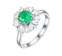 Homxi Fedi Nuziali Donna Oro Bianco 18Kt, Fiore e 4 Griffe Rotondo con Smeraldo da 0,79ct e Diamante, Anello Fedina Verde Argento Donna, Misura 12(52mm)