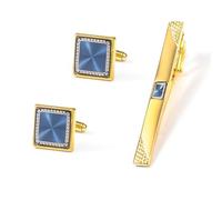 Homxi Gemelli Camicia e Fermacravatta Oro Blu Uomo, Rame, Quadrato con Motivo Vintage, Gemelli Uomo per Matrimonio