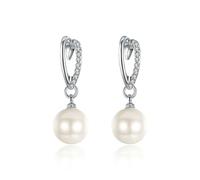 Homxi Orecchini d Oro Bianco Donna 14 Kt, Cuore e Perla con Diamante, Pendenti Orecchini Sposa Matrimonio Donna Argento