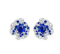 Homxi Orecchini d Oro Bianco Donna 14 Kt, Fiore con Zaffiro da 0,65ct e Diamante, Donna Bottone Orecchini Sposa Matrimonio Blu Argento