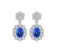 Homxi Orecchini d Oro Bianco Donna 9Kt, Fiore e Ovale con Spinello Sintetico, Orecchini Sposa Matrimonio a Bottone Donna Blu Argento