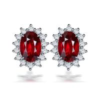 Homxi Orecchini Donna 18K Oro Bianco 750, Fiore e Ovale con Rubino da 0,14ct e Diamante, Donna Orecchini Matrimonio a Bottone Rosso Argento