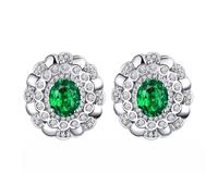 Homxi Orecchini in Oro Bianco 14 Carati Donna 585, Fiore e Ovale con Smeraldo da 1ct e Diamante, Donna Perni Orecchini Verde Argento