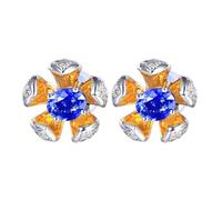 Homxi Orecchini in Oro Bianco 18 Ktt Donna 750, Fiore e Ovale con Zaffiro Sintetico da 0,85ct e Moissanite, Donna Orecchini Matrimonio a Bottone Blu Argento