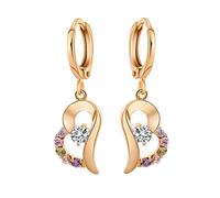 Homxi Orecchini in Oro Giallo 9 Kt Donna 375, Cuore Cavo con Granato Cristallo Rosa Ametista e Moissanite, Orecchini a Pendenti Donna Oro Multicolore