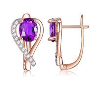 Homxi Orecchini in Oro Rosa 9 Kt Donna 375, Goccia D'Acqua Cava e Ovale con Ametista e Moissanite, Cerchi Donna Orecchini Sposa Matrimonio Oro Rosa Viola