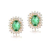 Homxi Orecchini Matrimonio 9 Kt Oro Giallo Donna, Fiore di Lusso e Ovale con Smeraldo da 1,5ct e Diamante, Donna Orecchini Sposa Matrimonio a Bottone Verde Oro