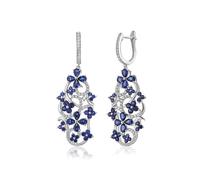 Homxi Orecchini Matrimonio Donna in Oro Bianco 14 Carati, Fiori con Zaffiro Sintetico e Moissanite, Orecchino Donna a Pendenti Argento Blu Reale