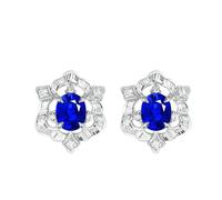 Homxi Orecchini Matrimonio Donna in Oro Bianco 9Kt, Fiore e Ovale con da Zaffiro da 0,75ct e Diamante, Orecchino a Bottone Donna Blu Argento