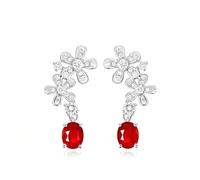 Homxi Orecchini Matrimonio d'Oro Bianco Donna 9 Carati, Fiore e Ovale con Rubino Sangue di Piccione da 0,7ct e Diamante, Donna Bottone Orecchini Matrimonio Rosso Argento